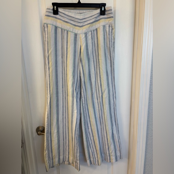 C Pants - Ladies Striped Nautical Wide-Leg Pants in Blue, Yellow & Cream Size Medium